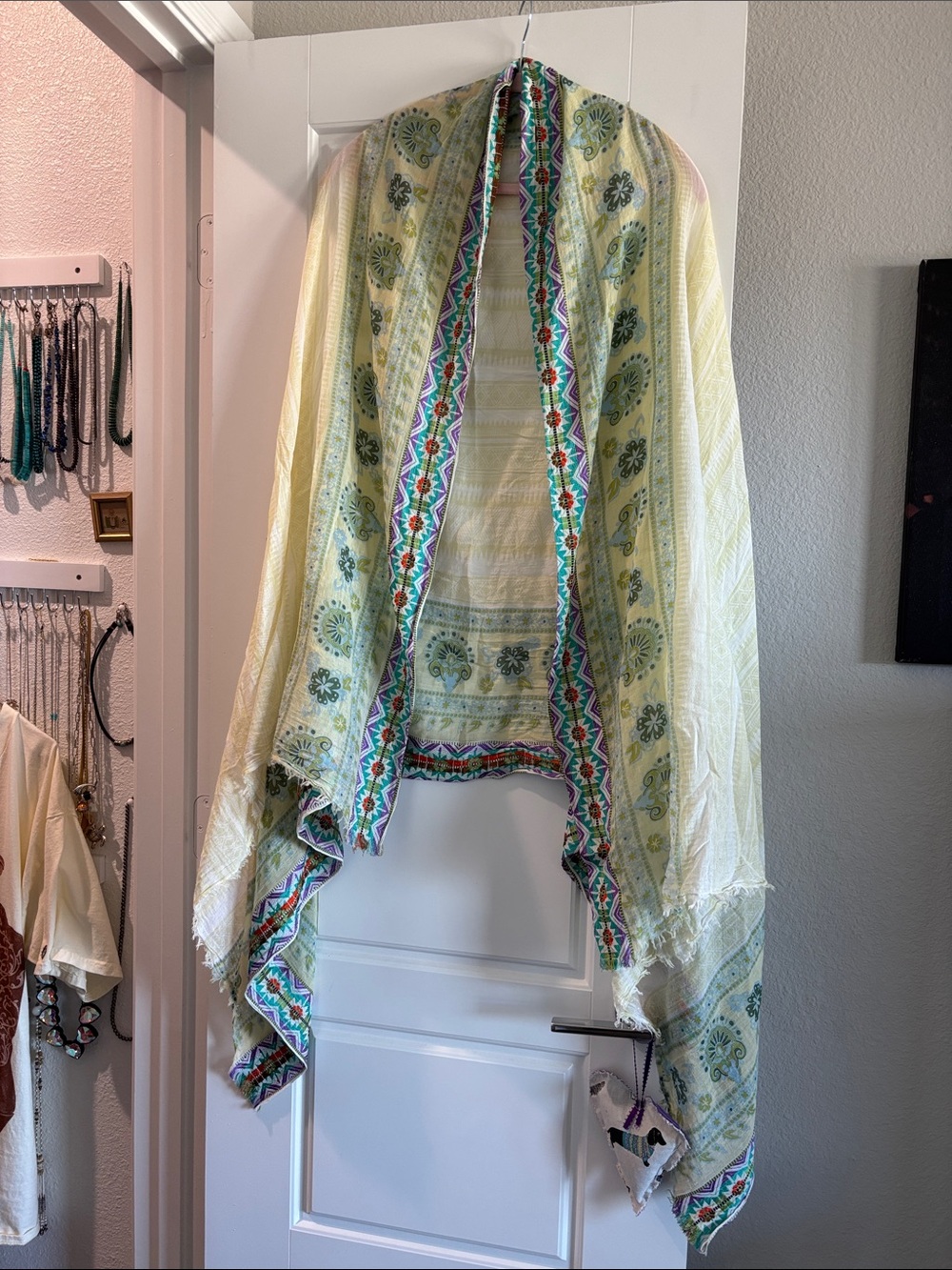 Light Green Patterned Shawl Wrap with Multicolor Trim -